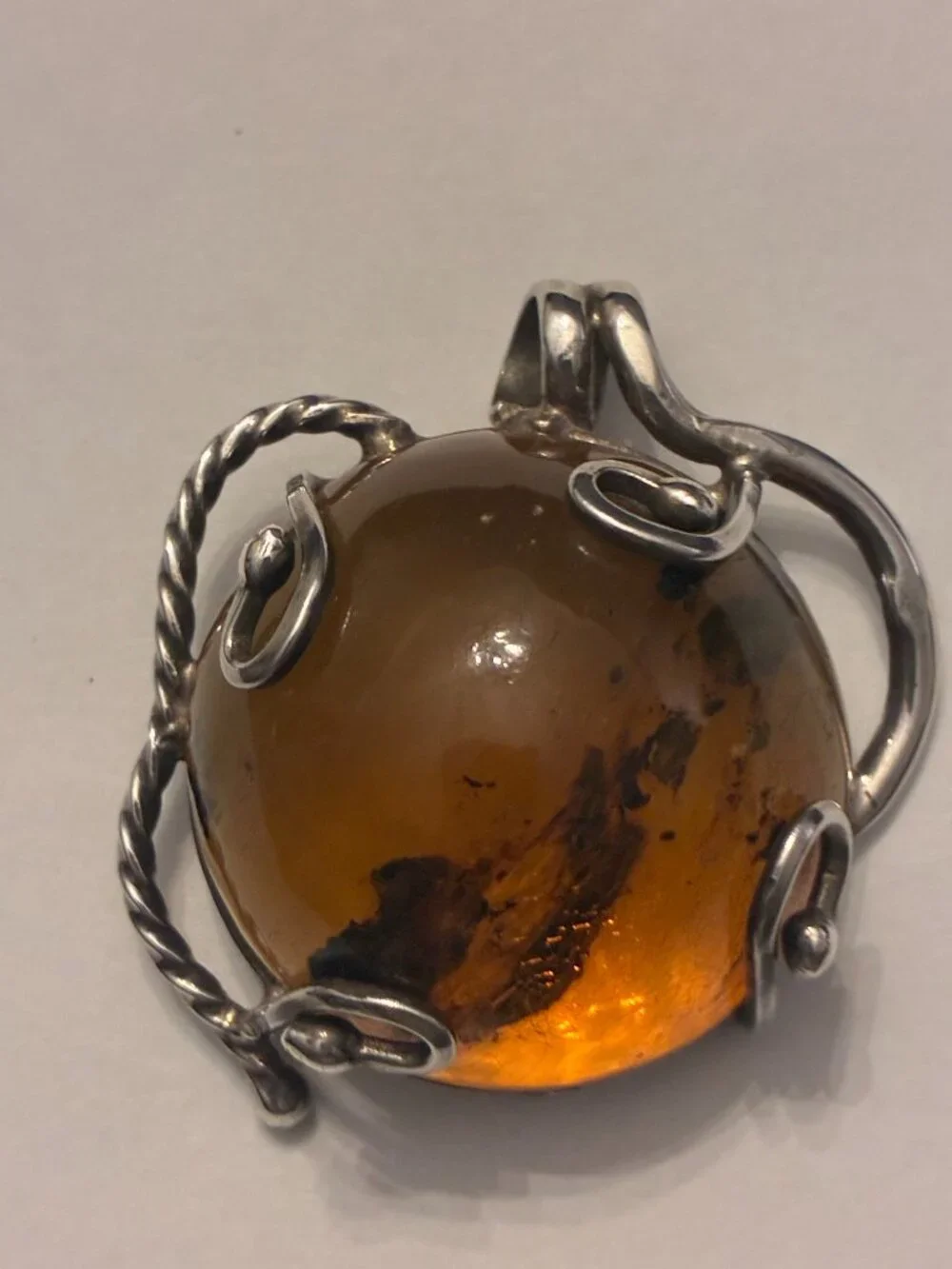 Handmade Sterling Silver Baltic Amber Pendant Botanical Inclusion 1.25